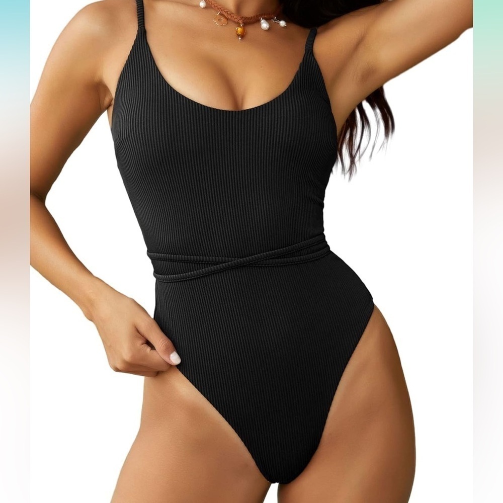 ZAFUL Women's One Piece Swimsuit Lace Up Tie Back Swim Suit Ribbed  size M A87